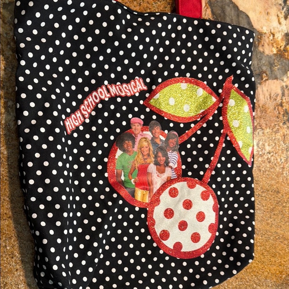 Black Polka Dot Tote Bag with Cherry Graphic